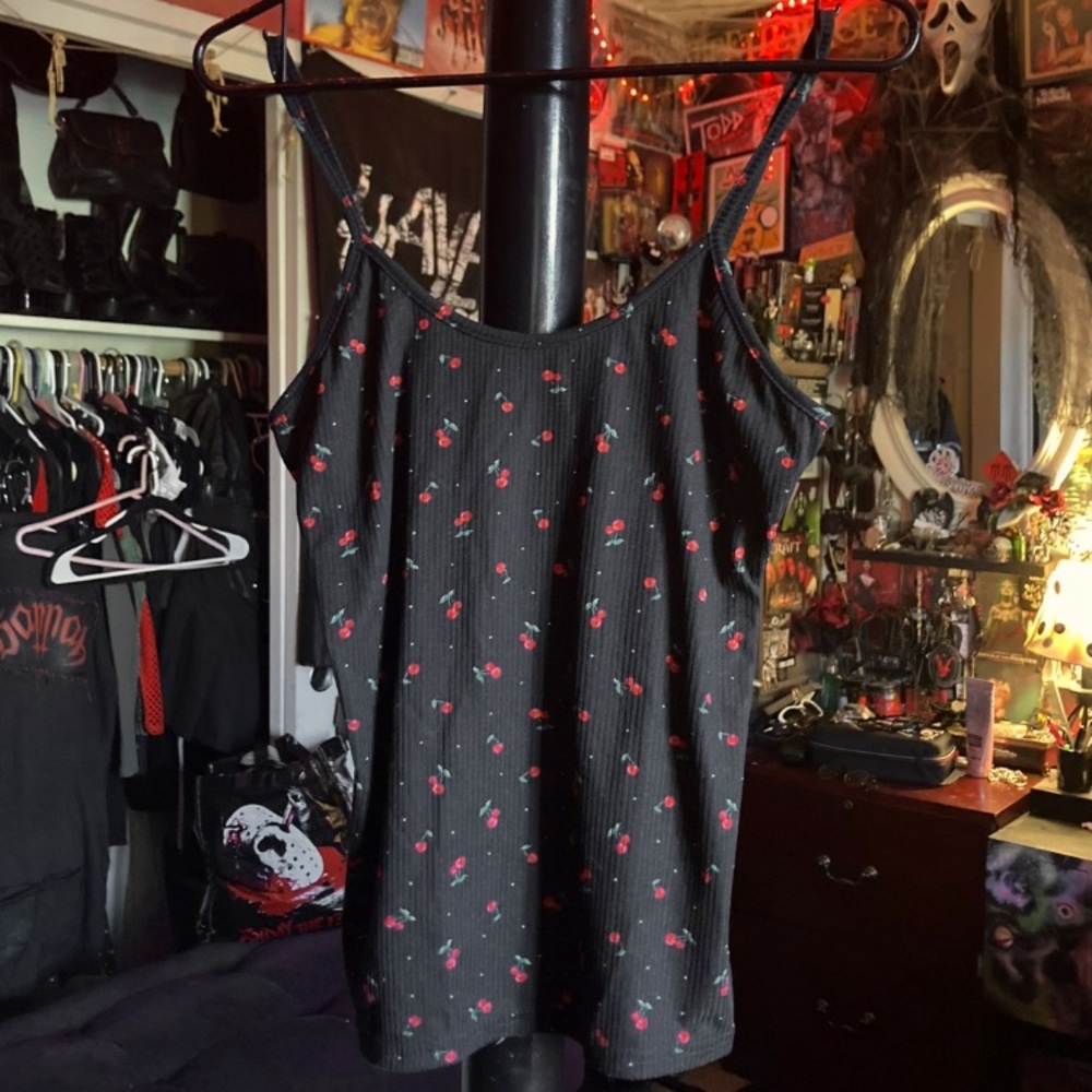 Cherry Print Black Tank Top by Yummy Soft